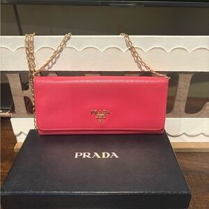 Prada Pink Leather Saffiano Wallet with Chain